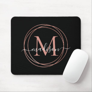 Stylish Black Rose Gold Blush Pink Monogram Circle Mouse Pad