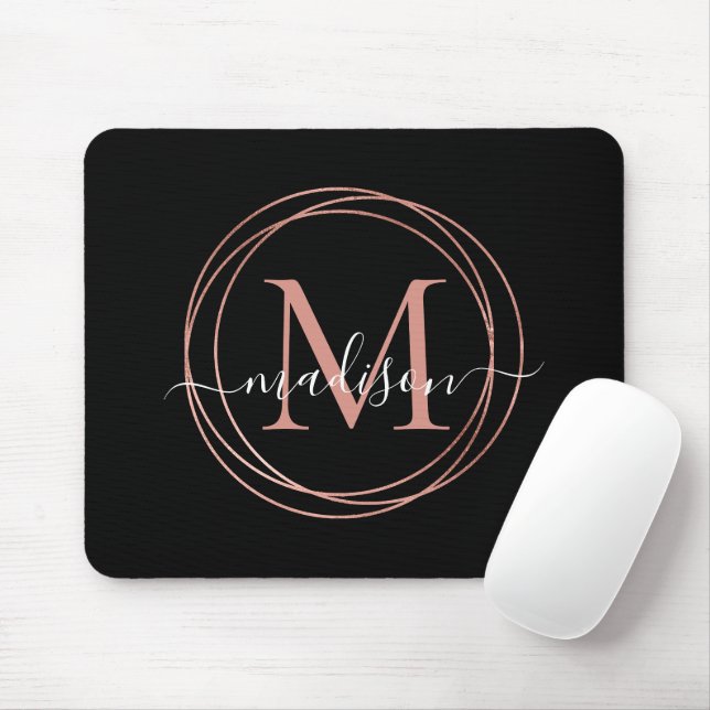 Stylish Black Rose Gold Blush Pink Monogram Circle Mouse Pad (With Mouse)