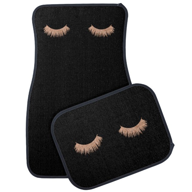 Stylish Black Rose Gold Eyelashes Glam Car Floor Mat (Set)
