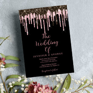 Stylish black rose gold glitter drips wedding invitation