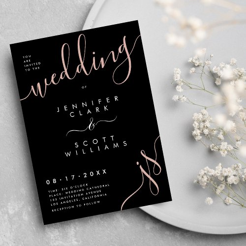 Stylish black rose gold handwritten script wedding invitation