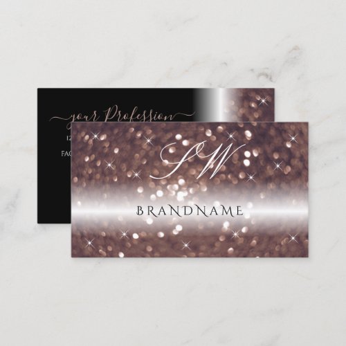 Stylish Black Rose Gold Sparkling Glitter Monogram Business Card
