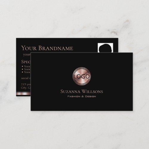 Stylish Black Rose Gold with Logo and Photo Modern Business Card