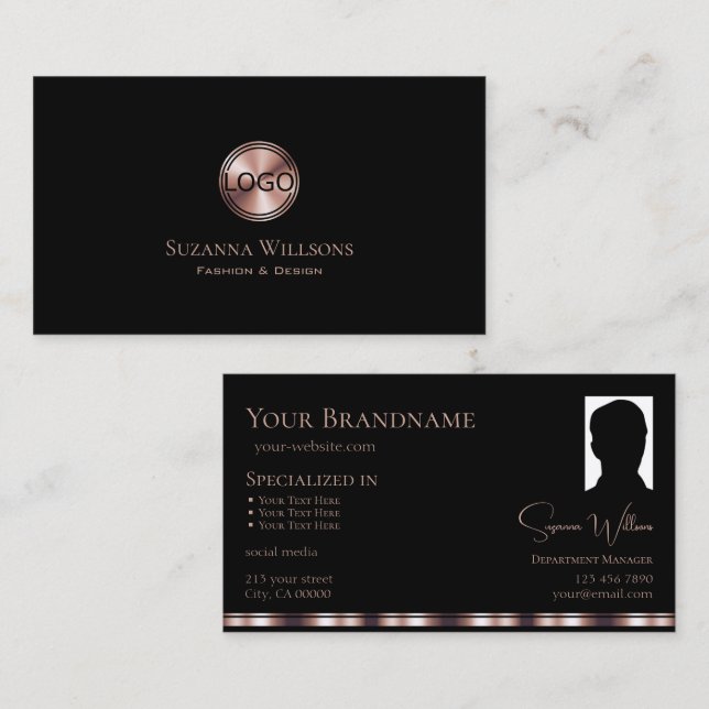 Stylish Black Rose Gold with Logo and Photo Modern Business Card (Front/Back)