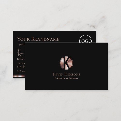 Stylish Black Rose Gold with Monogram and Logo Business Card
