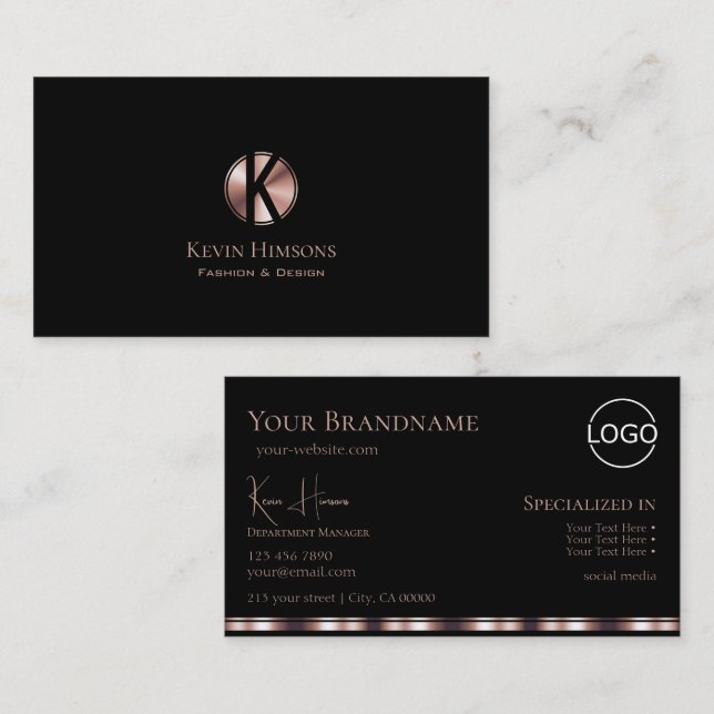 Stylish Black Rose Gold with Monogram and Logo Business Card (Front/Back)