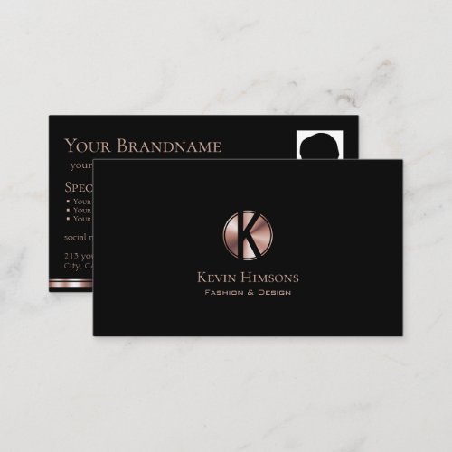 Stylish Black Rose Gold with Monogram and Photo Business Card