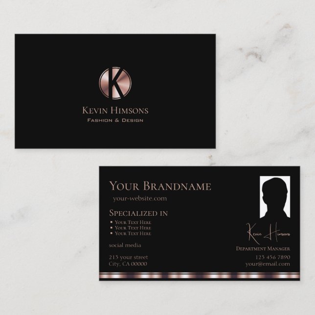 Stylish Black Rose Gold with Monogram and Photo Business Card (Front/Back)
