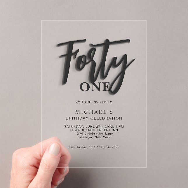 Stylish Black Script Forty 40th Adult Birthday Acrylic Invitations (Insitu (Handheld))