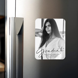 Stylish Black Script Graduation Announcement Photo Magnet