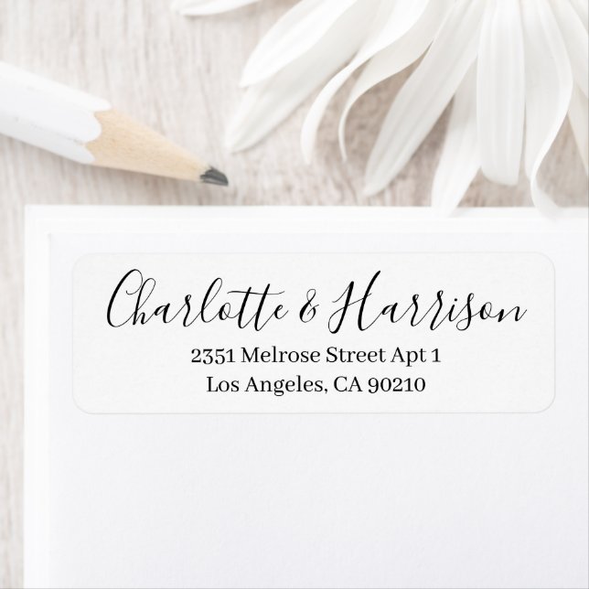 Stylish black script modern chic elegant wedding label (Insitu)