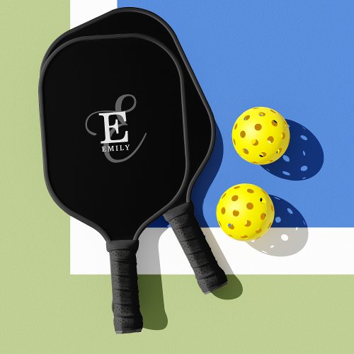 Stylish Black Script Monogram and Name Pickleball Paddle