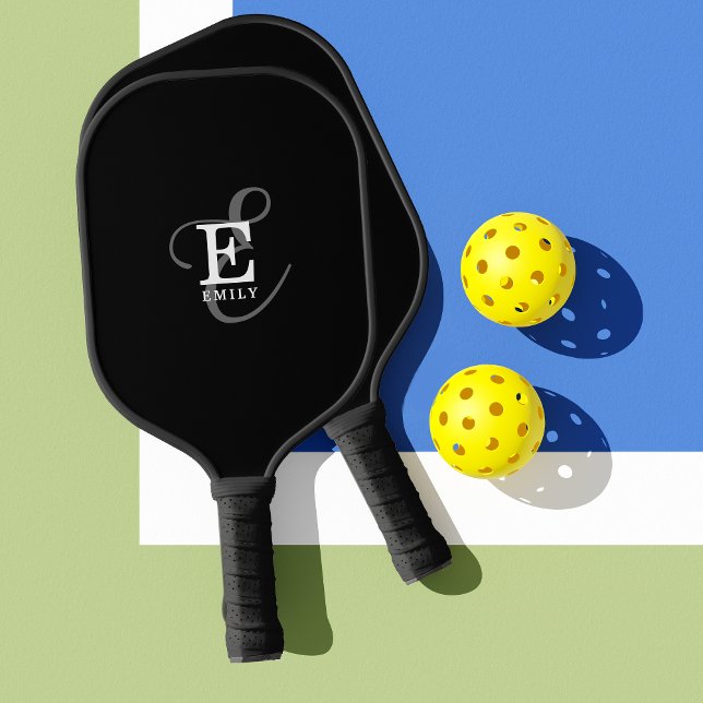 Stylish Black Script Monogram and Name Pickleball Paddle (Personalize with your name and monogram initial.)