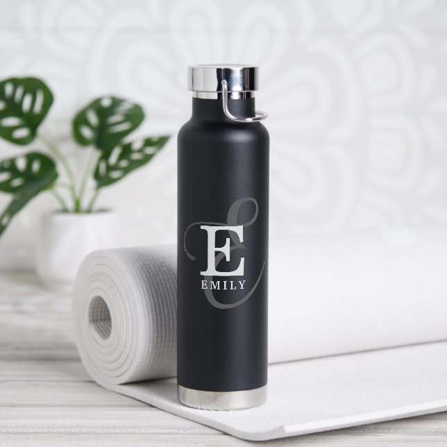 Stylish Black Script Monogram and Name Water Bottle (Yoga)