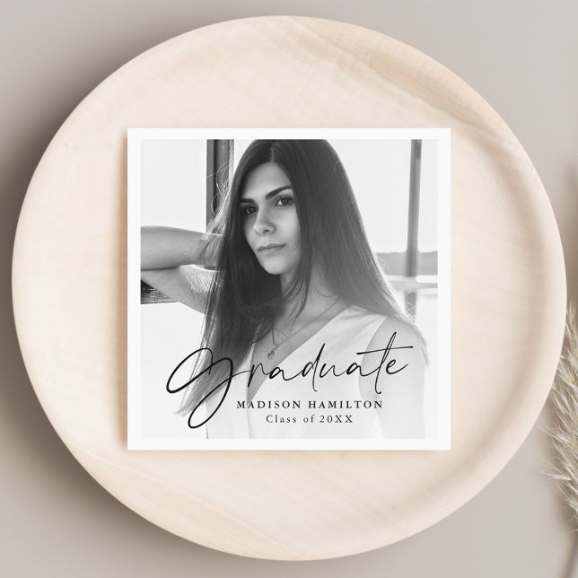 Stylish Black Script Photo Graduation Napkins (Creator Uploaded)