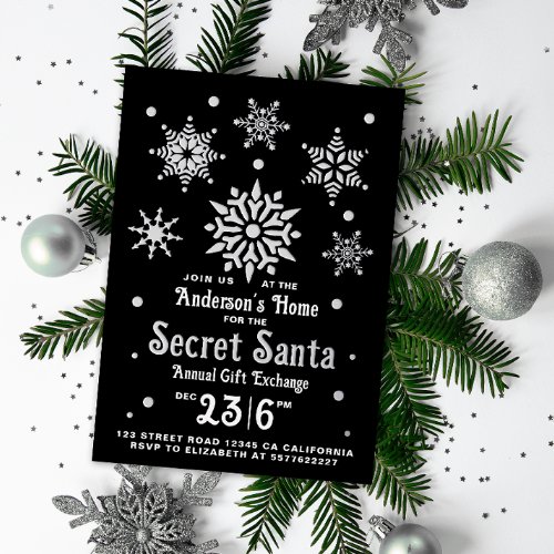 Stylish Black Secret Santa Snowflakes Invitation