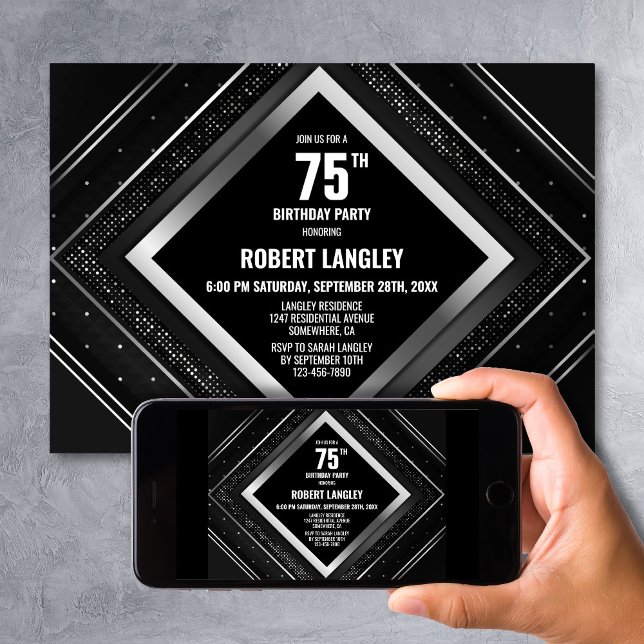 Stylish Black Silver 75th Birthday Party Invitation (Creator Uploaded)