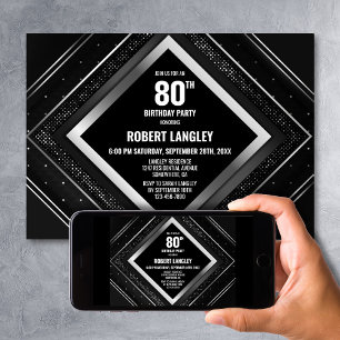 Stylish Black Silver 80th Birthday Party Invitation