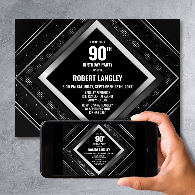 Stylish Black Silver 90th Birthday Party Invitation (Creator Uploaded)