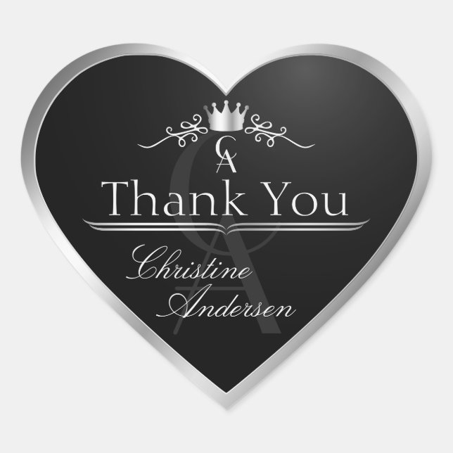 Stylish Black Silver Frame and Monogram Thank You Heart Sticker (Front)
