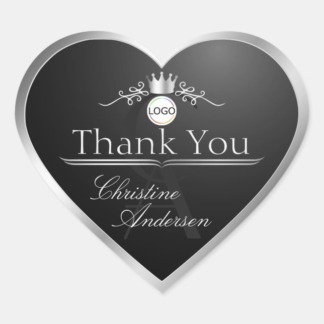 Stylish Black Silver Frame Logo Monogram Thank You Heart Sticker (Front)