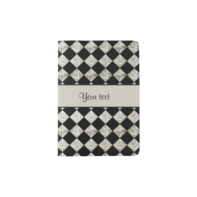 Stylish Black & Silver Glitter Checkers Passport Holder (Front)