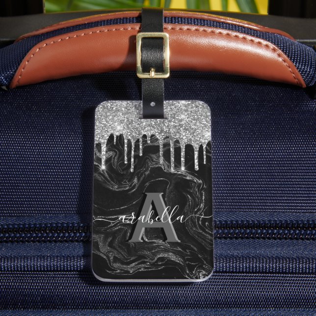 Stylish Black Silver Glitter Monogram Luggage Tag (Front Insitu 2)