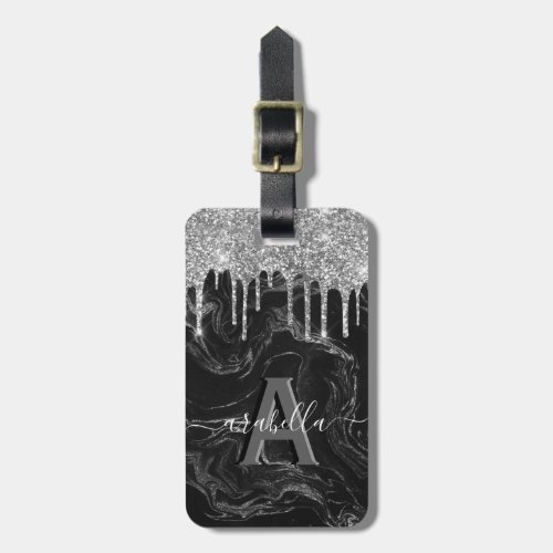 Stylish Black Silver Glitter Monogram Luggage Tag - Elegant girly travel luggage tag featuring a black & silver marble background, silver sparkle glitter drips, your initial, name, and contact details on the reverse.