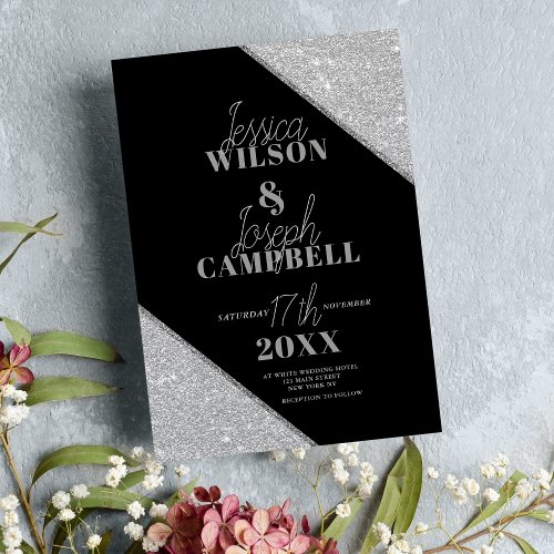 Stylish black silver glitter typography wedding invitation