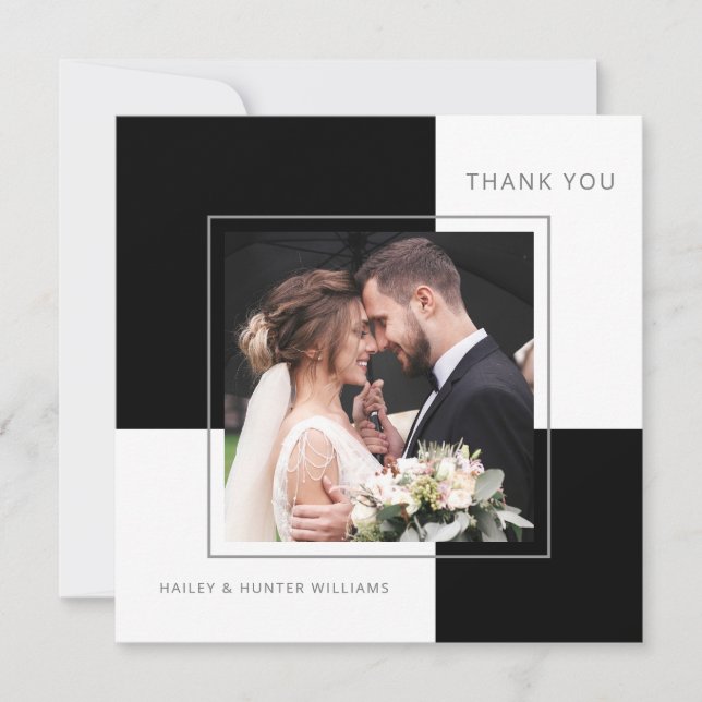 Stylish Black Square Wedding Thank You with Photo Card (Front)