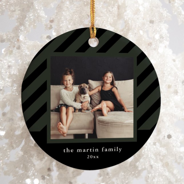 Stylish Black Stripe Simple Photo Christmas Ceramic Ornament (Creator Uploaded)