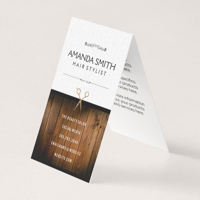 Stylish Black Subtle Wavy | Wood Salon Scissors Business Card (Front)