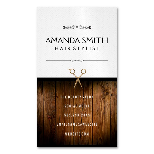 Stylish Black Subtle Wavy | Wood Salon Scissors Business Card Magnet (Front Vertical)
