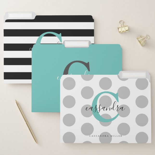 Stylish Black Teal Grey Monogrammed File Folder (Set)