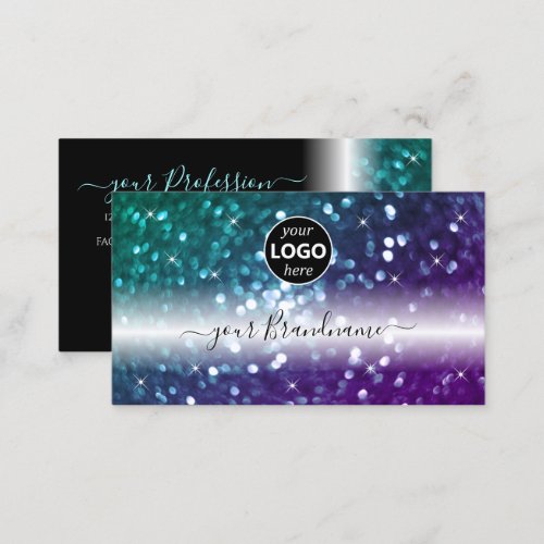 Stylish Black Teal Purple Sparkle Glitter Add Logo Business Card