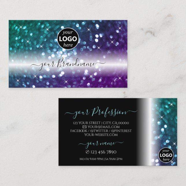 Stylish Black Teal Purple Sparkle Glitter Add Logo Business Card (Front/Back)