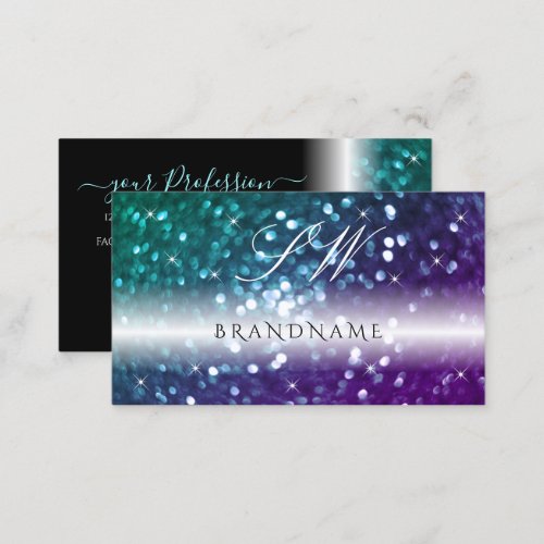 Stylish Black Teal Purple Sparkle Glitter Initials Business Card
