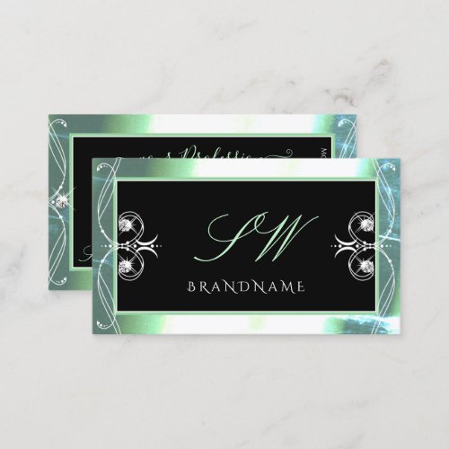 Stylish Black Teal Sparkle Jewels Initials Ornate Business Card