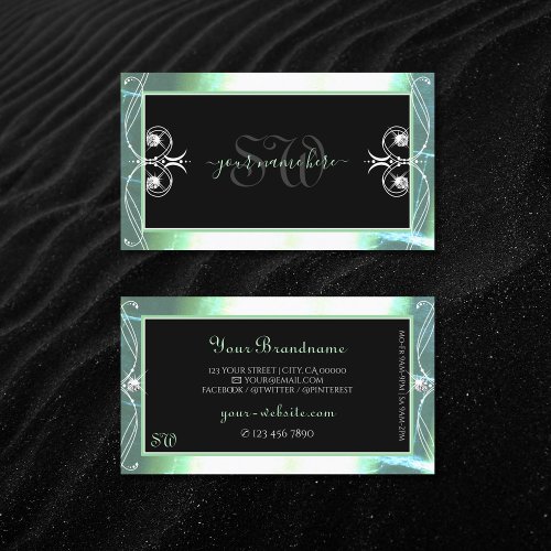 Stylish Black Teal Sparkle Jewels Monogram Ornate Business Card