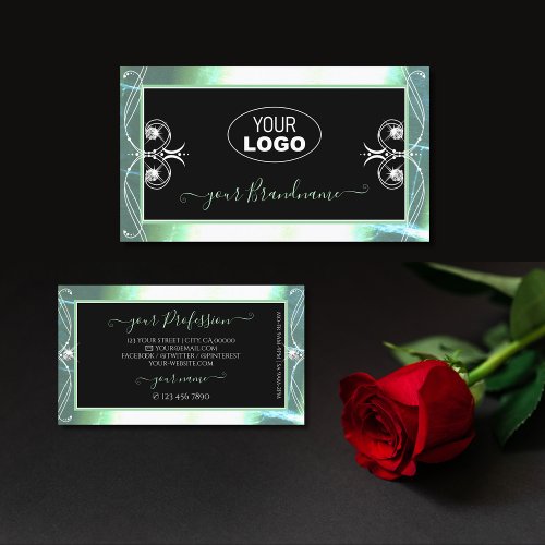 Stylish Black Teal Sparkle Jewels with Logo Ornate Business Card