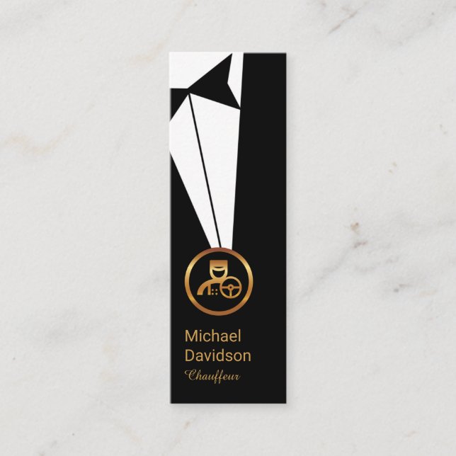 Stylish Black Tuxedo Gold Chauffeur Driver Mini Business Card (Front)