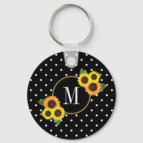 Stylish Black Vintage Floral Polka Dots Monogram K Keychain