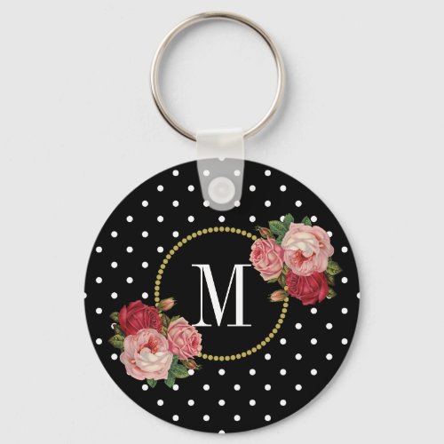 Stylish Black Vintage Floral Polka Dots Monogram Keychain