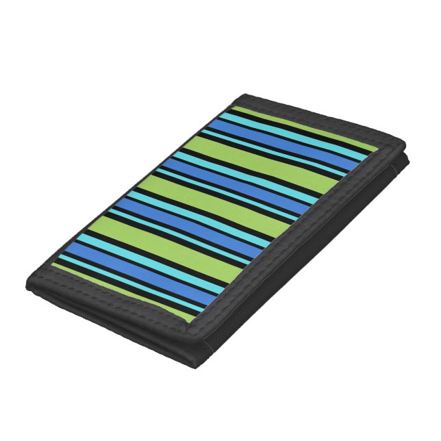 Stylish Black Wallet, Blue Green Black Stripes Tri-fold Wallet (Bottom)