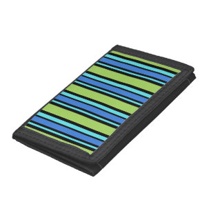 Stylish Black Wallet, Blue Green Black Stripes Trifold Wallet