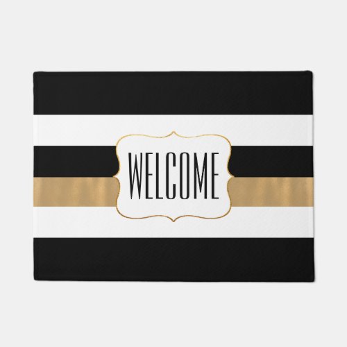 Stylish Black White and Gold Striped Door Mat