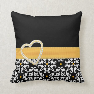 Stylish Black, White, and Yellow Damask Pillow