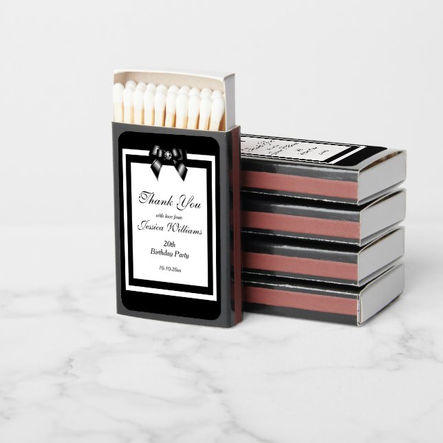 Stylish Black & White Birthday Party Thank You   Matchboxes (Stacked)