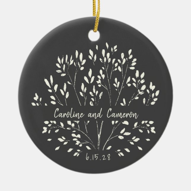 Stylish Black White Botanical Custom Wedding   Ceramic Ornament (Front)