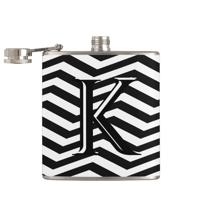 Stylish Black White Chevron Stripe Monogram Custom Flask (Opened)